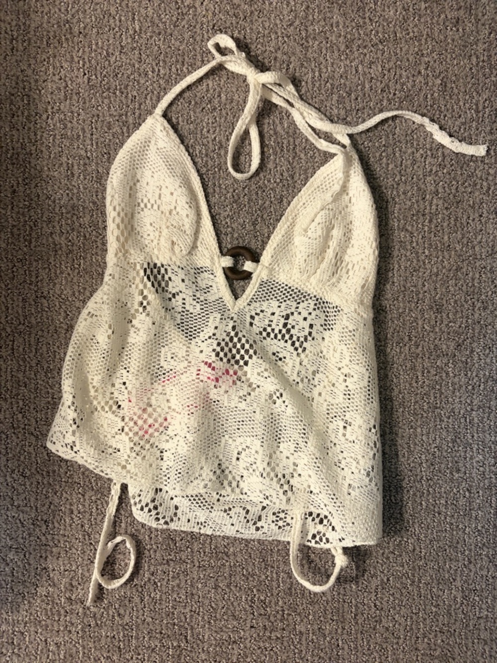 Edikted Cream Crochet Halter Tank with Ring Detail